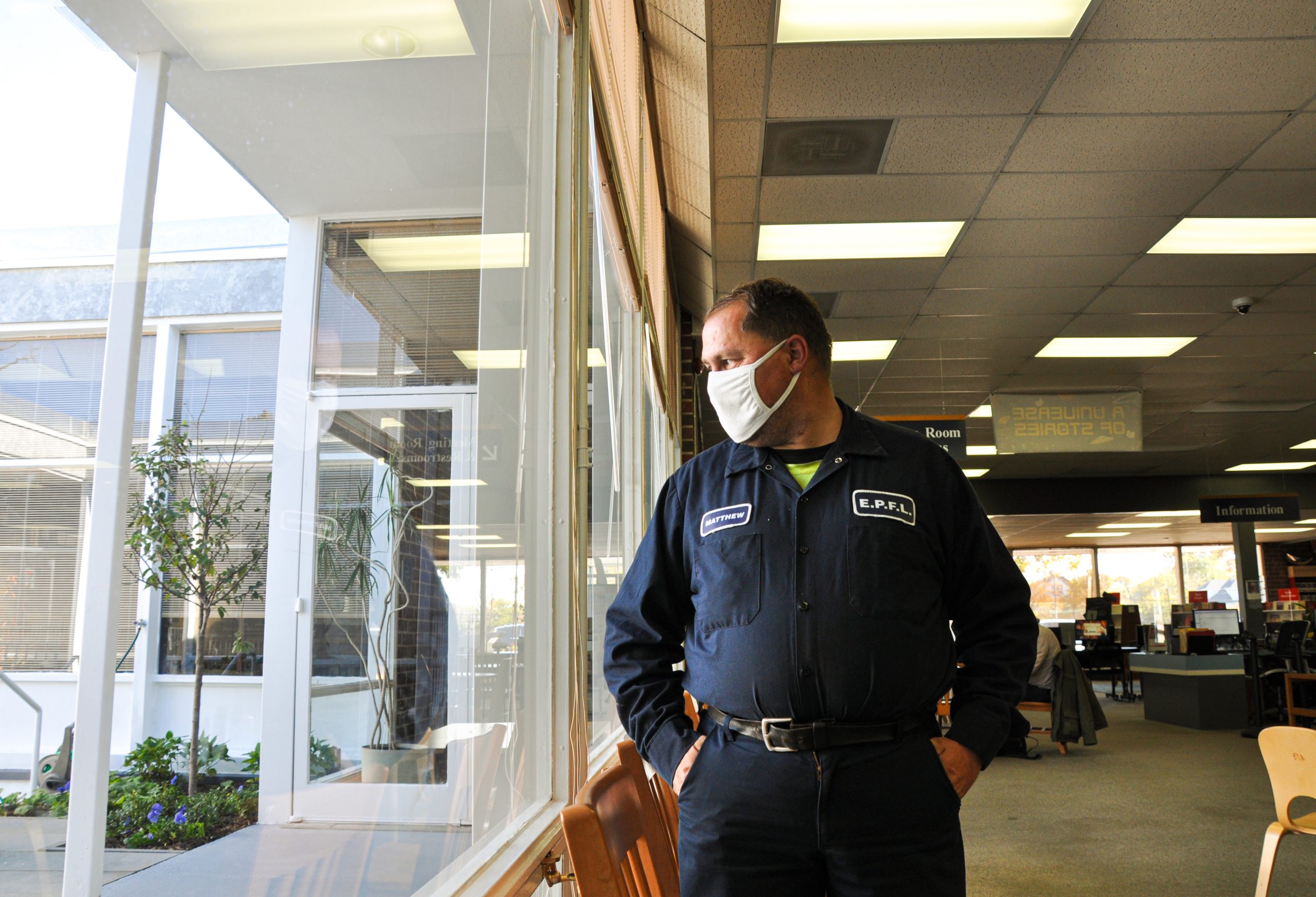 Matt keeps a watchful eye on the newly renovated library courtyard.